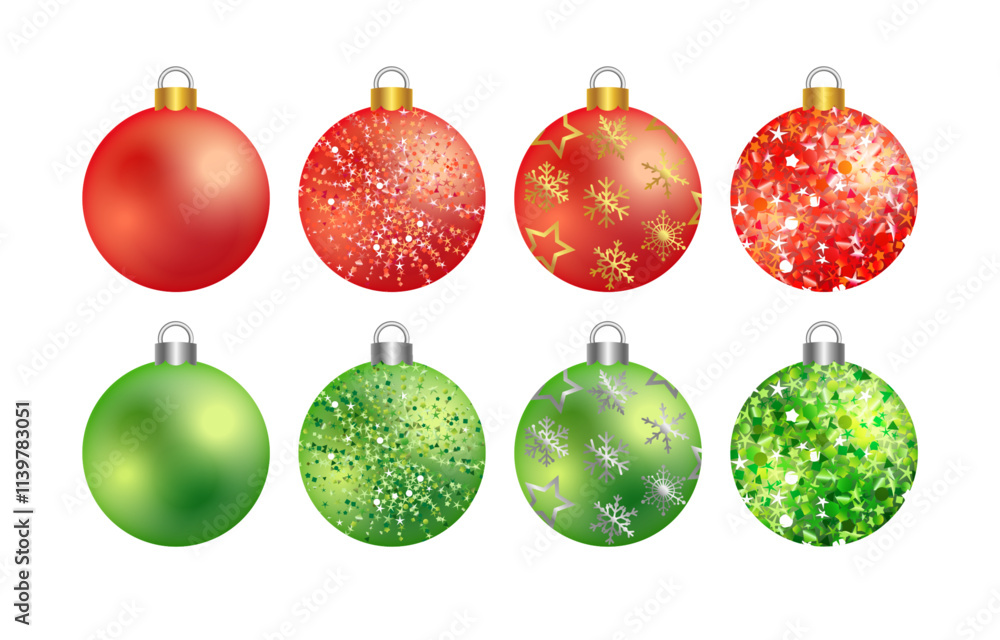 Set of shiny Christmas balls, vector clip art. Green and red colours. X mas cute 3D decorations. Xmas tree beautiful decor with golden and silver glitters and snowflakes. Holiday garland elements. Set of shiny Christmas balls, vector clip art. Green and red colours. X mas cute 3D decorations. Xmas tree beautiful decor with golden and silver glitters and snowflakes. Holiday garland elements.