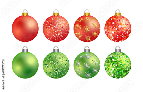 Set of shiny Christmas balls, vector clip art. Green and red colours. X mas cute 3D decorations. Xmas tree beautiful decor with golden and silver glitters and snowflakes. Holiday garland elements.