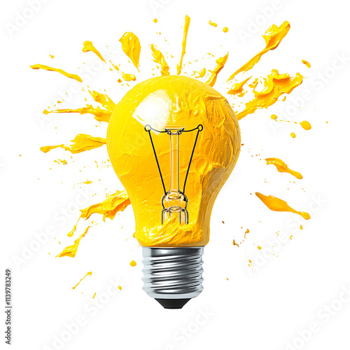 A vibrant yellow light bulb surrounded by a splash of paint, symbolizing creativity and bright ideas.,transparent background photo