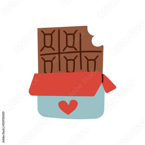 Chocolate bar with blue wrapper. Half open wrapper square chocolate. Cocoa organic product vector illustration isolated on white background