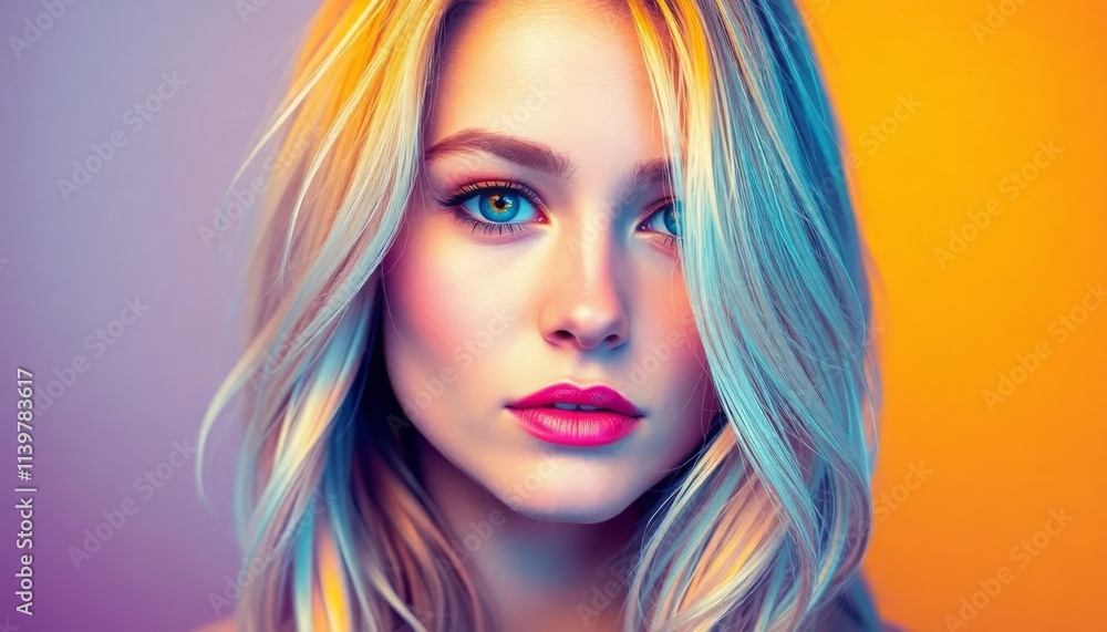 Blonde woman with blue eyes in colorful lighting, looking forward with vibrant expression Blonde woman with blue eyes in colorful lighting, looking forward with vibrant expression