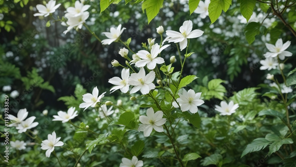 Delicate white petals unfolding from a slender stem amidst lush green leaves , leaf, petal, orchid Delicate white petals unfolding from a slender stem amidst lush green leaves , leaf, petal, orchid