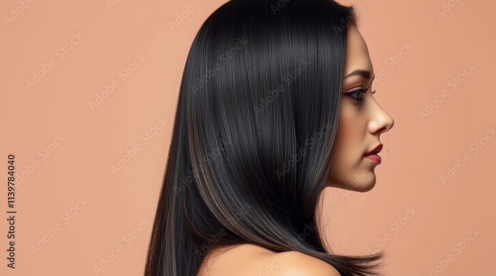Naklejka premium Woman with straight black hair in profile, posing against a peach background