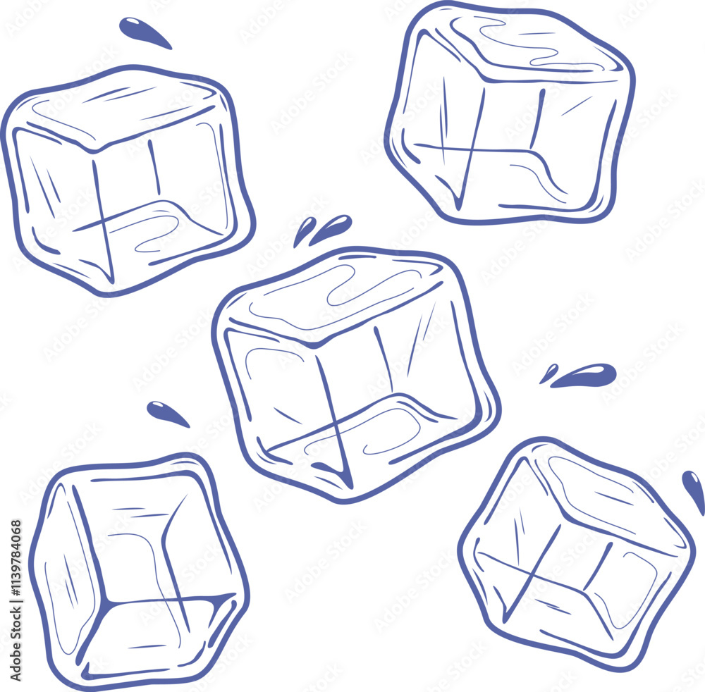 Naklejka premium Ice cube collection. Cold drink melted ice cubes sketch symbol on white background. Hand drawn ink stroke drawing. Vector illustration.