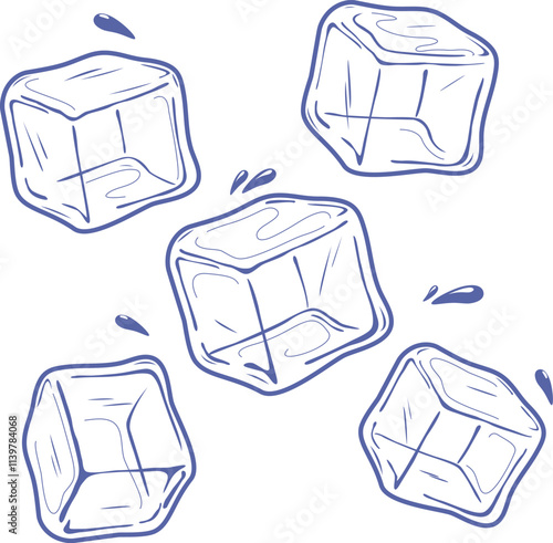 Ice cube collection. Cold drink melted ice cubes sketch symbol on white background. Hand drawn ink stroke drawing. Vector illustration.