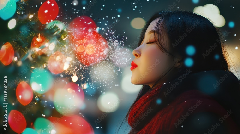 Young Woman Blowing Snow in winter park in the snow,Winter holidays concept,Young woman winter portrait,winter fairy tale,happy vacation,winter season,space for text. Young Woman Blowing Snow in winter park in the snow,Winter holidays concept,Young woman winter portrait,winter fairy tale,happy vacation,winter season,space for text.