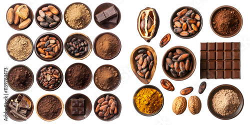 Chocolate ingredients, cocoa pods, cocoa beans, chocolate mass, cocoa powder, chocolate bars isolated on a white background. Generative AI.