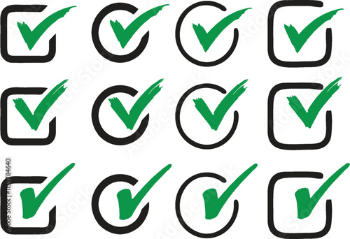 Check mark right or correct icons in box. Different style and shape checklist designs. Check-mark icon for voting, approval, selection, business, office, poster, and web designs. eps 10