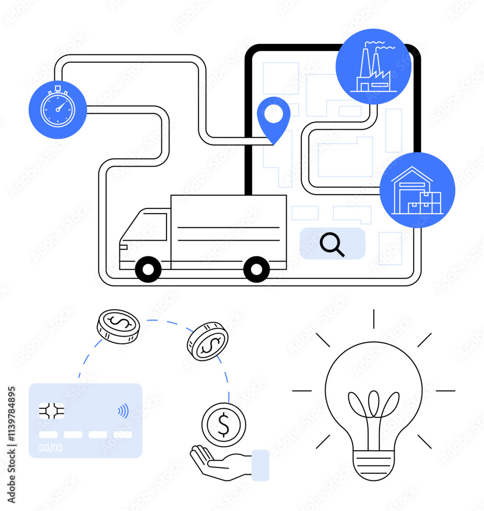 Truck navigating a GPS route on a mobile device, stopwatch, currency transfer, factory, home icons, and lightbulb. Ideal for delivery logistics, digital payments, finance innovation business Truck navigating a GPS route on a mobile device, stopwatch, currency transfer, factory, home icons, and lightbulb. Ideal for delivery logistics, digital payments, finance innovation business