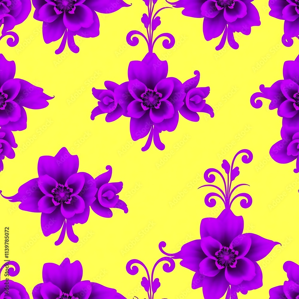 Vibrant Purple Floral Pattern: A cheerful seamless pattern featuring stylized purple flowers on a sunny yellow background. Perfect for textile design, wallpapers, and more. Vibrant Purple Floral Pattern: A cheerful seamless pattern featuring stylized purple flowers on a sunny yellow background. Perfect for textile design, wallpapers, and more.