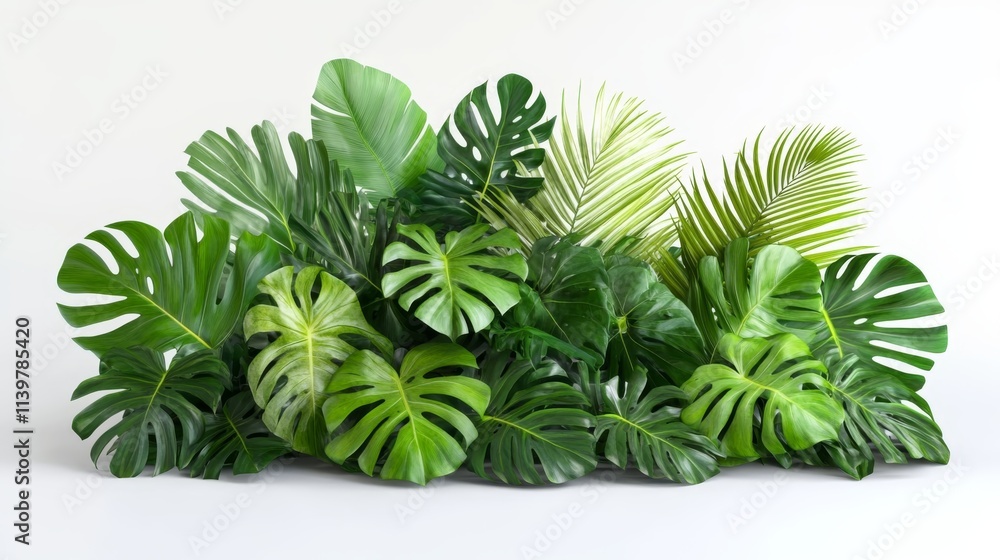 A large cluster of tropical leaves, such as monstera and palm leaves, isolated on a white background with a clipping path. Photorealistic photograph in high resolution. A large cluster of tropical leaves, such as monstera and palm leaves, isolated on a white background with a clipping path. Photorealistic photograph in high resolution.