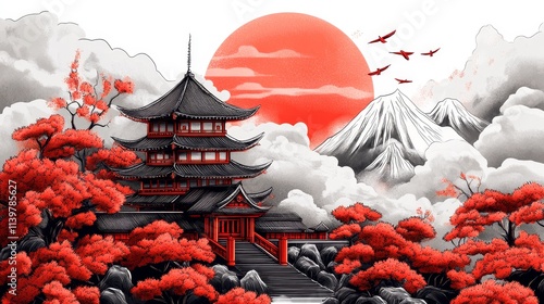 Stunning traditional Japanese landscapes featuring red sun, pagodas, mountains, and cherry blossoms, evoking serenity and timeless beauty