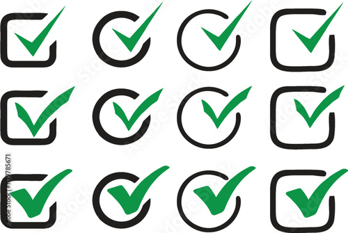 Check mark right or correct icons in box. Different style and shape checklist designs. Check-mark icon for voting, approval, selection, business, office, poster, and web designs. eps 10