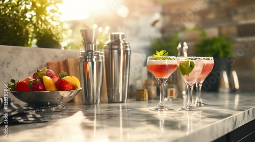 Two pink cocktails garnished with mint on a bar counter with cocktail shaker and fresh fruit.
