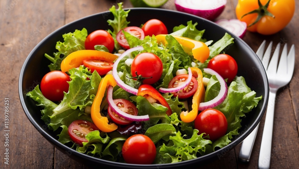 A vibrant salad featuring crisp lettuce, juicy cherry tomatoes, colorful sweet peppers, and sliced onions, all artfully arranged in a black bowl A vibrant salad featuring crisp lettuce, juicy cherry tomatoes, colorful sweet peppers, and sliced onions, all artfully arranged in a black bowl