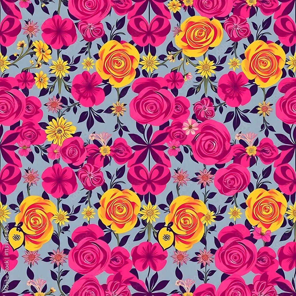 Floral Symphony: A vibrant and cheerful seamless pattern featuring a cascade of pink and yellow roses, daisies, and leaves against a soft blue background. Floral Symphony: A vibrant and cheerful seamless pattern featuring a cascade of pink and yellow roses, daisies, and leaves against a soft blue background.