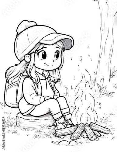 Girl by Campfire - Cute Cartoon Illustration