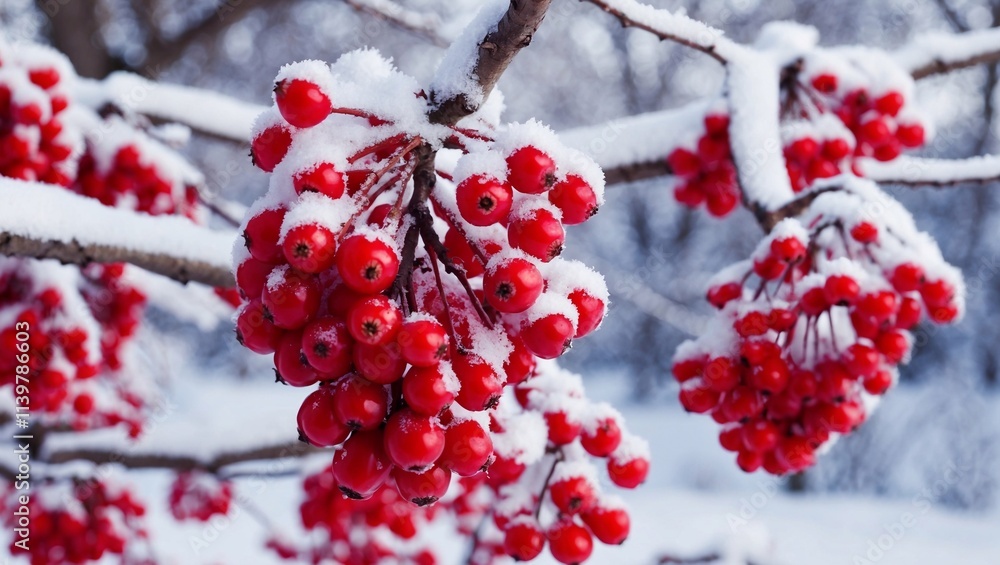 Snowy bunches of red rowan berries on rowan tree in winter landscape. Frozen tree scene, natural abstract background. Winter season. Cold weather. Snowy bunches of red rowan berries on rowan tree in winter landscape. Frozen tree scene, natural abstract background. Winter season. Cold weather.