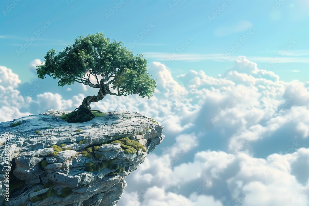 A serene lone tree atop a rocky cliff surrounded by soft, fluffy clouds and blue sky. A serene lone tree atop a rocky cliff surrounded by soft, fluffy clouds and blue sky.