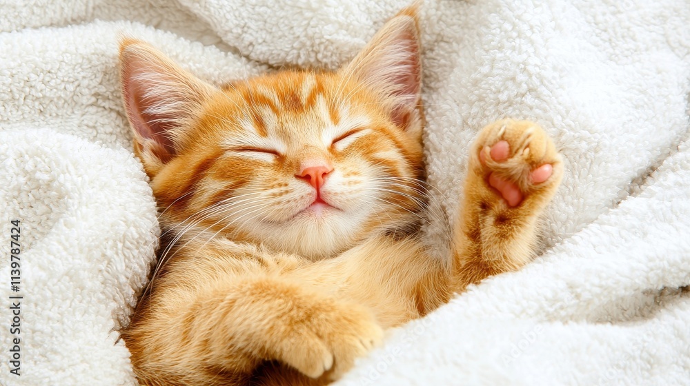 Adorable Ginger Kitten Sleeping Peacefully on Soft White Blanket Adorable Ginger Kitten Sleeping Peacefully on Soft White Blanket