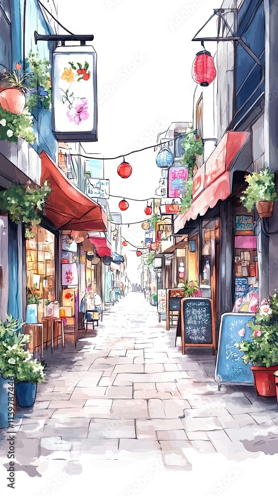 Fototapeta premium A narrow, cobblestone street lined with shops and decorated with red lanterns.