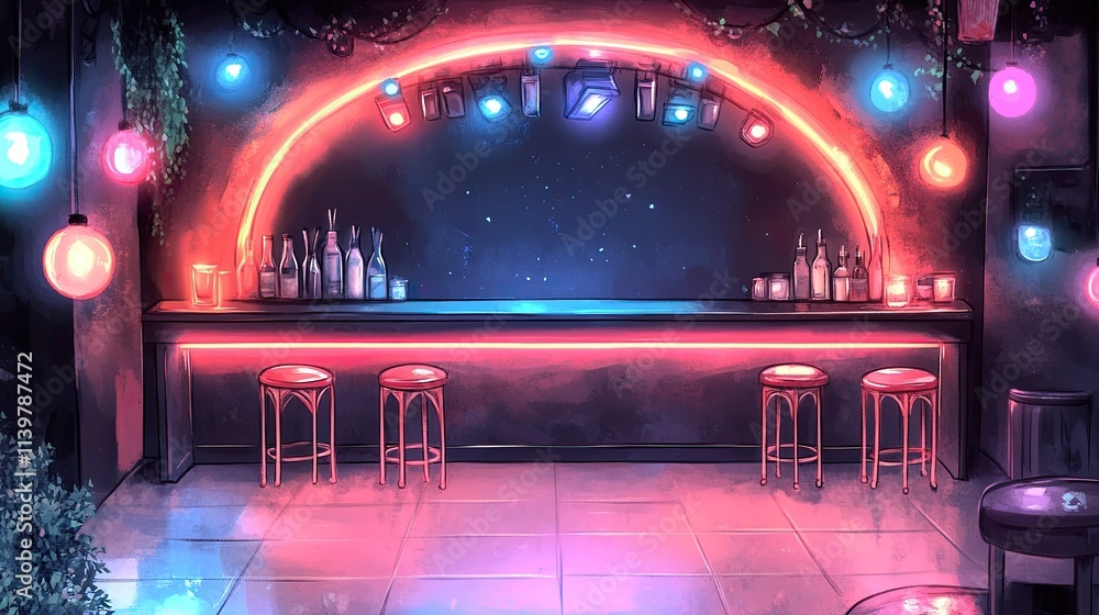 A neon-lit bar with a starry sky backdrop and three empty bar stools. A neon-lit bar with a starry sky backdrop and three empty bar stools.