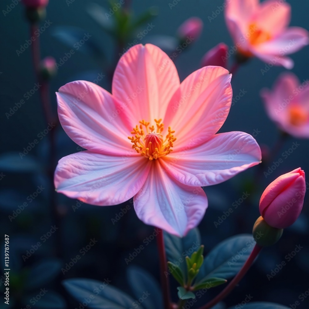 Fototapeta premium A delicate, glowing neon flower blooming in the midst of a garden, soft pastels, glowing flowers