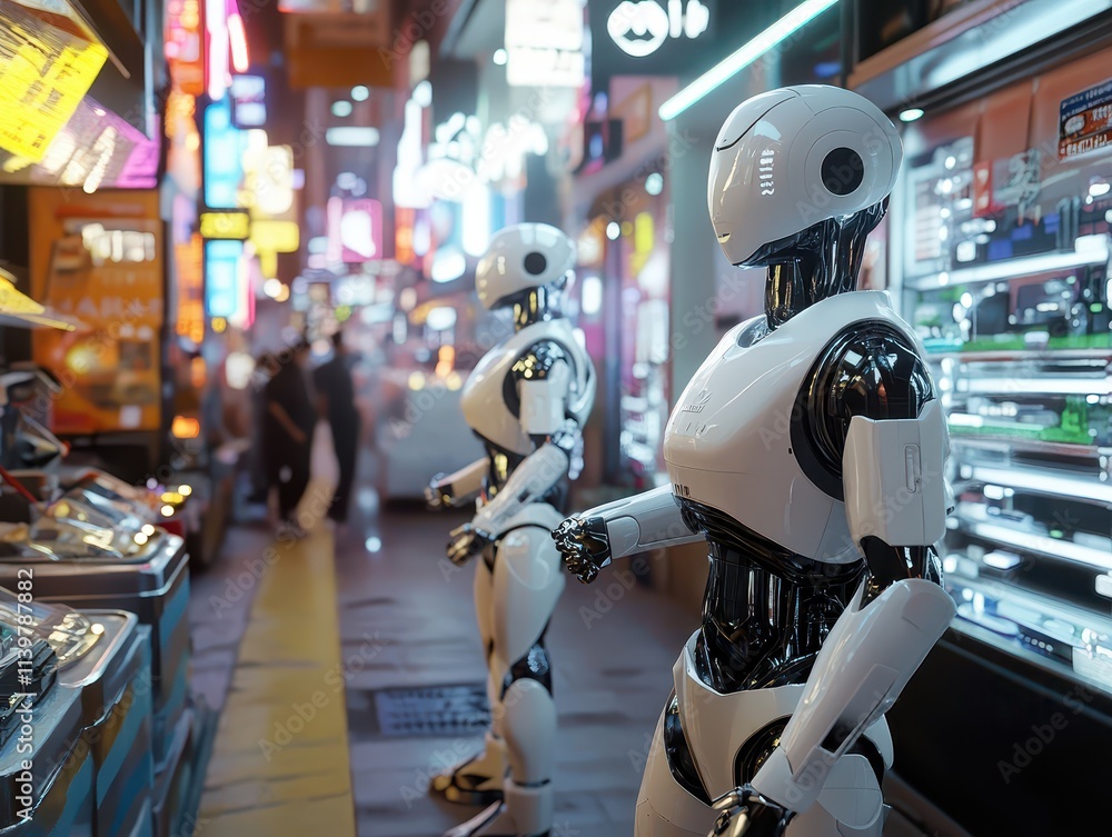 Obraz premium Futuristic street market with robots interacting with humans, vibrant neonlit scene