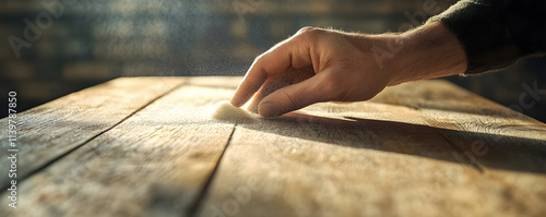 Hand wiping dust off a wooden table. photo