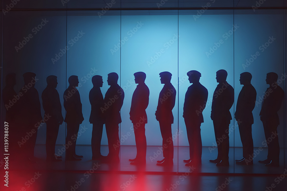 Police Lineup Identification Scene in Starkly Lit Room for Crime Investigation Concepts Police Lineup Identification Scene in Starkly Lit Room for Crime Investigation Concepts