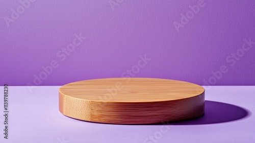 Wooden 3d podium on purple background. Round stage display product. Empty circle stand pedestal of natural wood for luxury product presentation. Realistic modern design