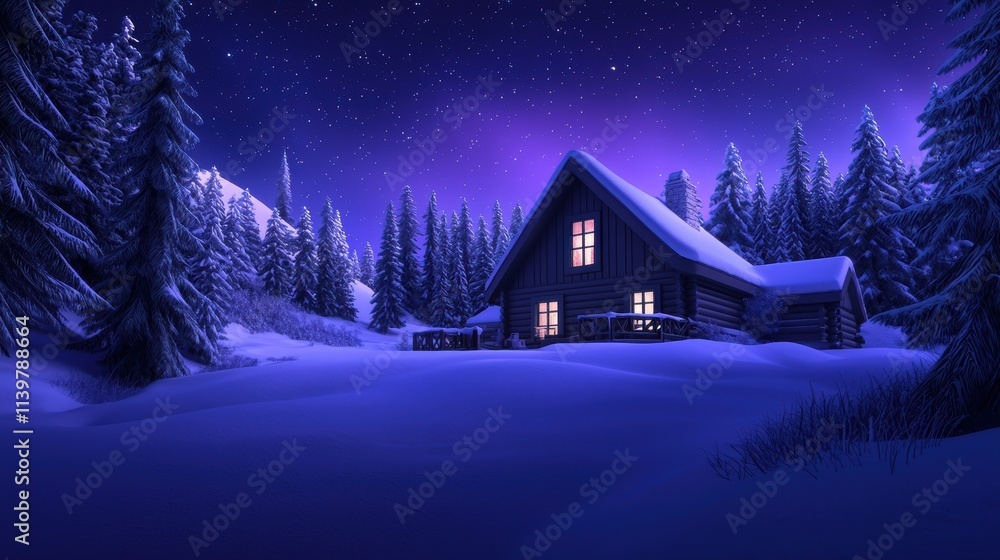 Cozy winter cabin under a starry night sky