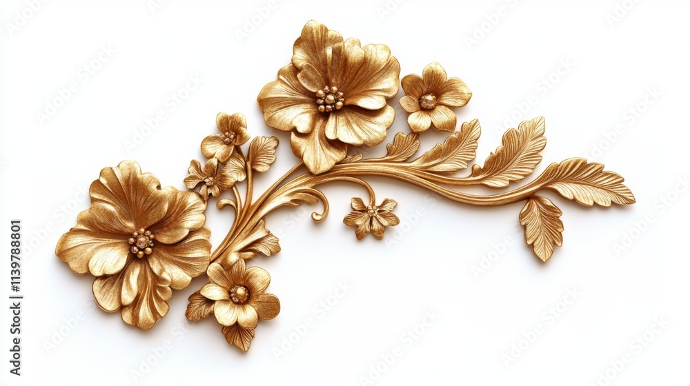Golden floral ornament on a white background, a corner decoration for design and interior. Isolated decorative elements in the shape of an ornament with flowers for your project. Detailed illustration Golden floral ornament on a white background, a corner decoration for design and interior. Isolated decorative elements in the shape of an ornament with flowers for your project. Detailed illustration