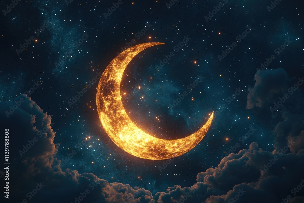 This image showcases a crescent moon glowing brightly against a dark night sky filled with twinkling stars. Soft clouds drift across the celestial scene, adding depth and tranquility to the image. The This image showcases a crescent moon glowing brightly against a dark night sky filled with twinkling stars. Soft clouds drift across the celestial scene, adding depth and tranquility to the image. The