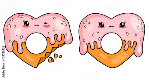 Cute heart cookies with drops of pink glaze and crumbs. Isolated funny romantic kawaii character sweet food valentine. Vector illustration