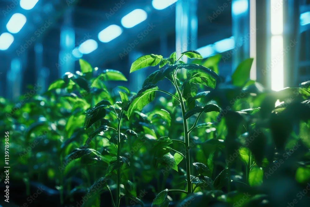 Closeup of glowing biotechnological plants thriving in futuristic greenhouse environments Closeup of glowing biotechnological plants thriving in futuristic greenhouse environments