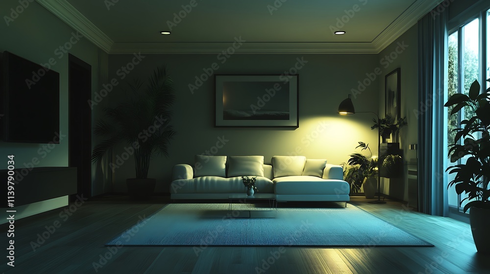 Night view of minimalist living room, clean lines, soft lighting, open layout Night view of minimalist living room, clean lines, soft lighting, open layout