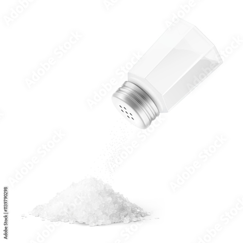 Heap salt with salt shaker mockups realistic vector illustration isolated on white background. Ready for use in your design. EPS10.	