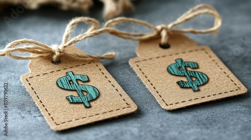 Two rustic price tags with dollar signs, tied with twine, on a gray surface.