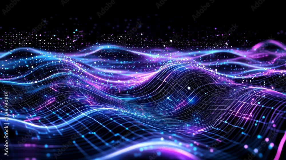 Abstract digital waves in glowing blue and purple colors, representing futuristic technology, data flow, and vibrant virtual landscapes Abstract digital waves in glowing blue and purple colors, representing futuristic technology, data flow, and vibrant virtual landscapes