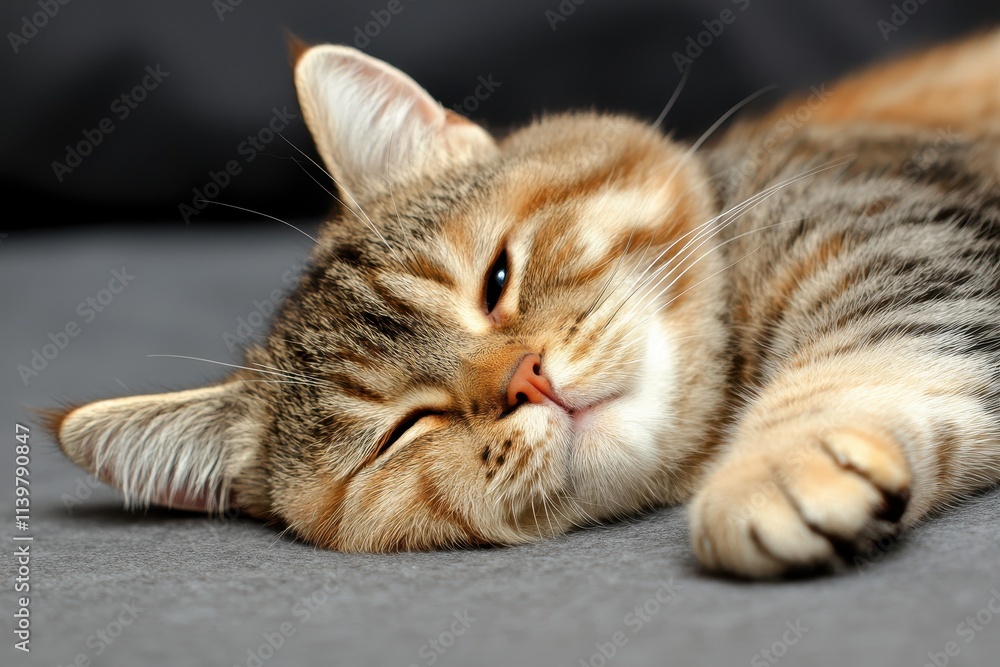 Sleepy Tabby Cat Relaxing on Soft Surface in Natural Light Sleepy Tabby Cat Relaxing on Soft Surface in Natural Light