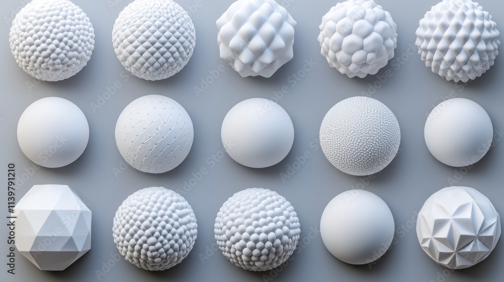 Abstract white 3d spheres with textured surfaces on a light gray background. Abstract white 3d spheres with textured surfaces on a light gray background.