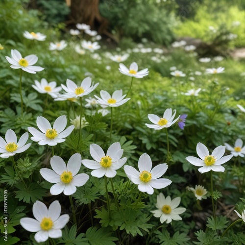 Delicate white petals of oakwood anemone against lush green foliage, spring blooms, nature, oakwood flowers photo