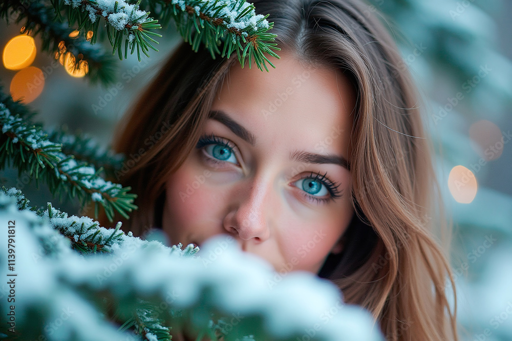The close-up shows the face of a young woman with bright blue eyes and light brown hair. She's looking straight at the camera. In the foreground, you can see the branches of a spruce tree covered with The close-up shows the face of a young woman with bright blue eyes and light brown hair. She's looking straight at the camera. In the foreground, you can see the branches of a spruce tree covered with