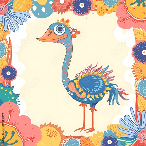 Vibrant cartoon bird illustration surrounded by colorful flowers artistic design whimsical environment playful view photo