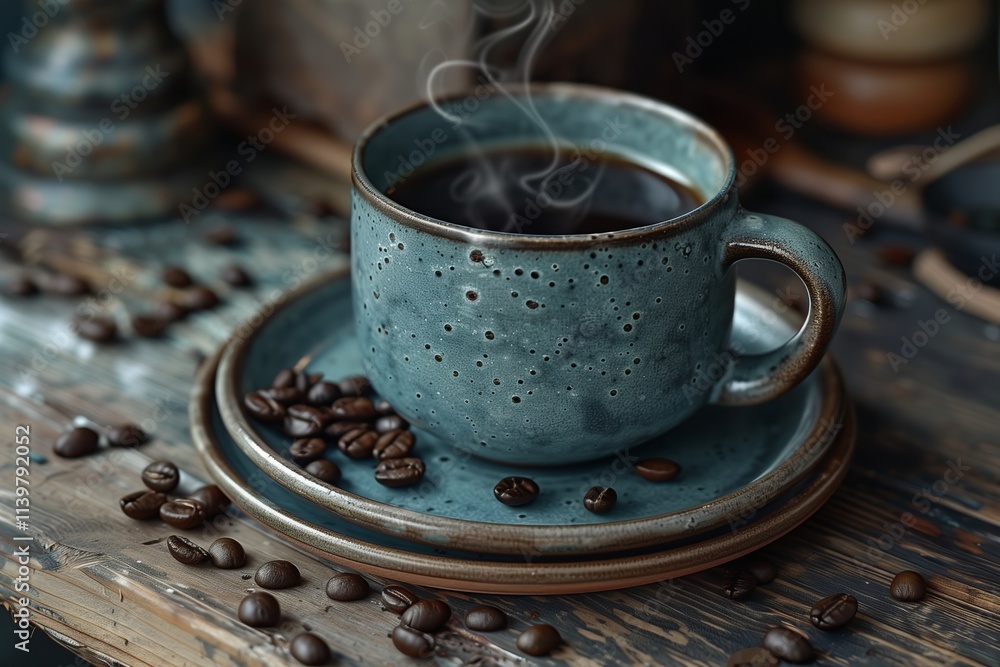 A steaming cup of coffee with aromatic beans on a rustic wooden table. A steaming cup of coffee with aromatic beans on a rustic wooden table.