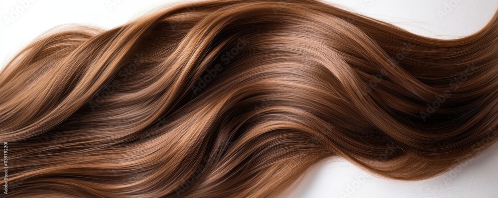 Fototapeta premium Beautiful model girl with Brown hair strand,silky healthy chestnut wavy hair strand isolated on white background,hair wavy ribbon, with smooth texture,vibrant shine,brunette hairpiece, hairy ribbon.