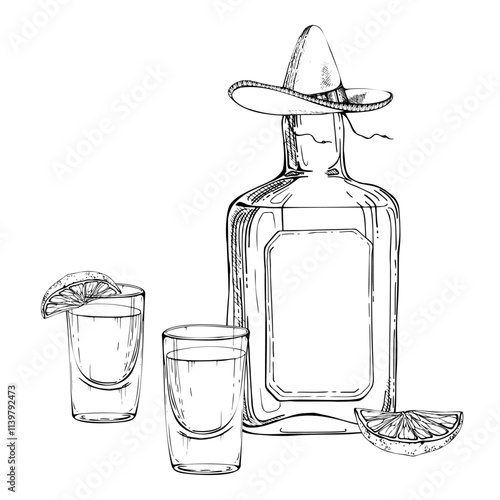 Tequila liquor alcohol bottle in sombrero, shot glasses with lime citrus slice. Vodka whisky cocktail. Hand drawn ink vector isolated illustration. Design travel, vacation brochure, shop, bar pub menu