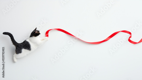 Playful Kitten and Red Ribbon
