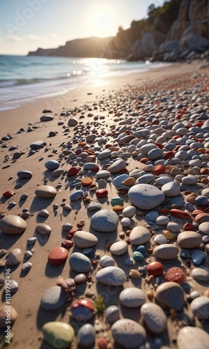 Beach of Puzol with pebbles and small rocks on the shore, geology , shore, natural photo